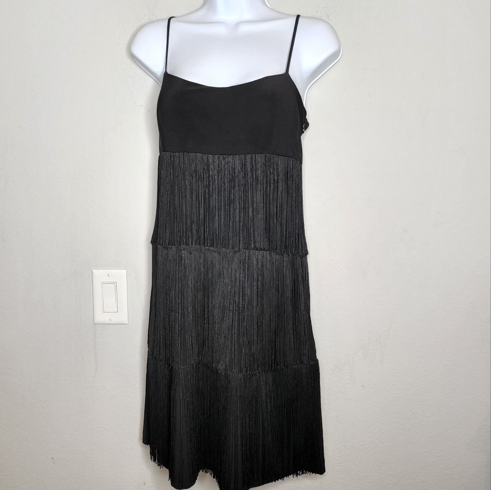Boston Proper fringe black mini dress sleeveless size xs